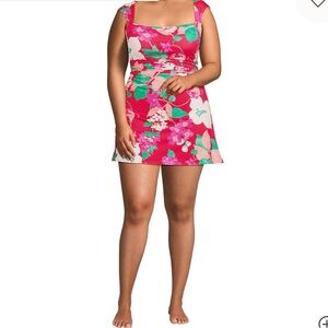 Lands' End Red Floral Swim Dress